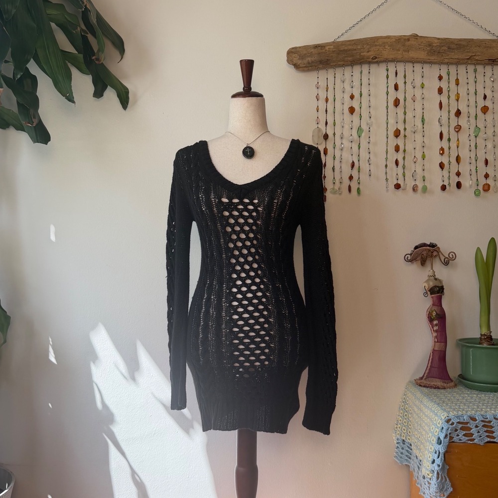 G by GUESS Black Crochet Sweater Dress Tunic Indie Sleaze Grunge Twee Y2K Alt S